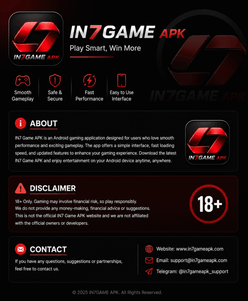 Black and red IN7 Game APK logo banner with disclaimer, about, and contact information design.
